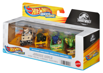 Hot Wheels Racerverse, Set Of 4 Die-Cast Hot Wheels Cars With Jurassic World Characters As Drivers
