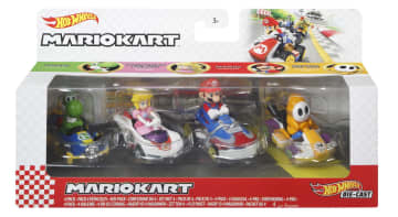Hot Wheels Mario Kart Vehículo de Juguete Paquete de 4 con Shy Guy Naranja, Mario, Princesa Peach y Yoshi