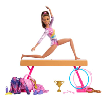 Barbie Coffret de Jeu Gymnaste, Poupée Mode, Brunette, 10Accessoires