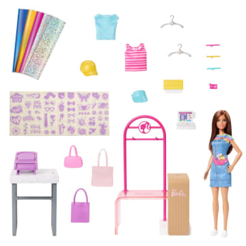 Barbie Make & Sell Boutique Playset With Brunette Doll, Foil Design Tools, Clothes & Accessories