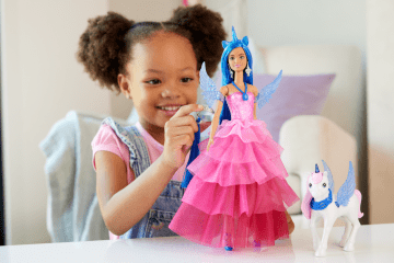 Barbie Unicorn Toy, 65th Anniversary Doll With Blue Hair, Pink Gown & Pet Alicorn - Image 2 of 6