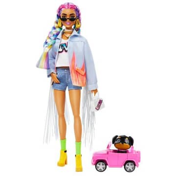 Barbie Extra Doll #5 in Long-Fringe Denim Jacket With Pet Puppy For Kids 3 Years Old & Up