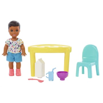 Barbie Small Doll And Accessories, Babysitters Inc. Set With Table, Chair And 5 Pieces