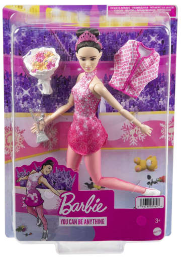 Barbie Winter Sports Ice Skater Brunette Doll With Pink Dress, Jacket, Rose Bouquet & Trophy, 3 & Up