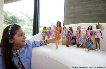 Barbie Fashionistas Doll #182, Long Wavy Brunette Hair, Headband, Orange Floral Print Dress & Heels, 3 To 8 Years Old