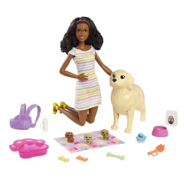 Barbie Doll Newborn Pups Playset With Brunette Doll, Mommy Dog, 3 Puppies, Kids Toys