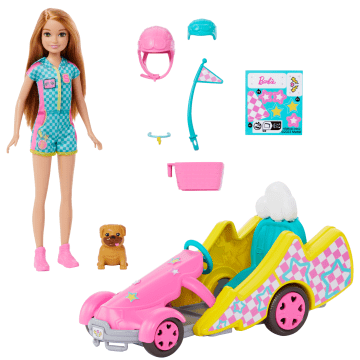 Barbie-Poupée Stacie Karting, Avec Kart, Chien et Accessoires