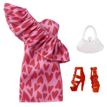 Barbie Fashion Pack Of Doll Clothes, One-Shoulder Heart Print Dress, Heels & Purse Accessory, 3 To 8 Years Old
