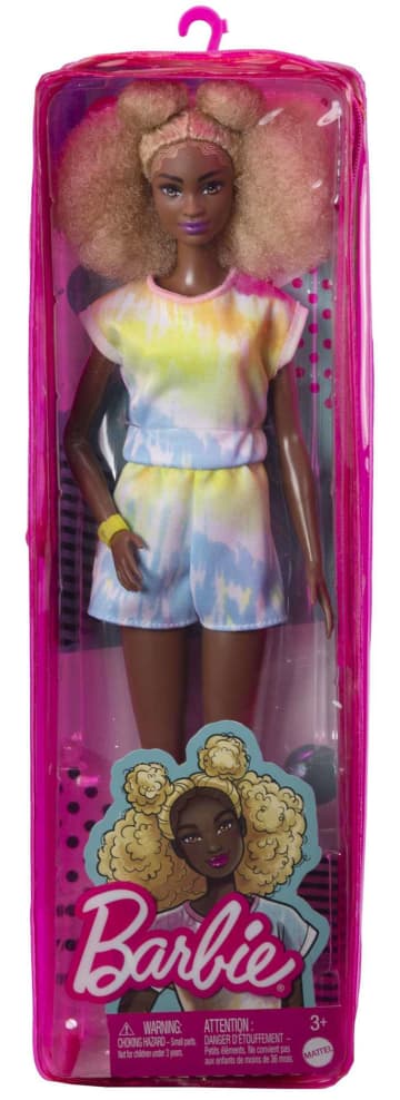 Barbie Fashionistas Doll #180, Tall, Blonde Afro, Tie-Dye Romper, Sneakers, Yellow Bracelet, 3 To 8 Years Old