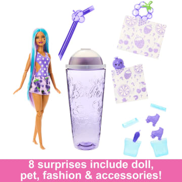 Barbie Pop Reveal Fruit Series Grape Fizz Doll, 8 Surprises Include Pet, Slime, Scent & Color Change
