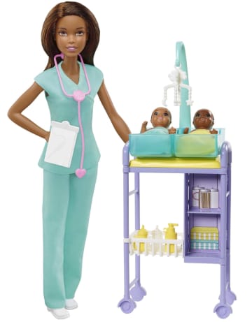 Barbie Profesiones Set de Juego Pediatra con 2 bebés Cabello Castaño
