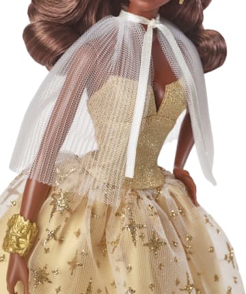2023 Holiday Barbie Doll, Seasonal Collector Gift, Golden Gown And Dark Brown Hair - Imagem 3 de 6