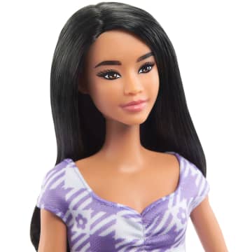 Barbie Fashionistas Doll #199, Tall Body With Wavy Black Hair, Purple Gingham Dress And Accessories