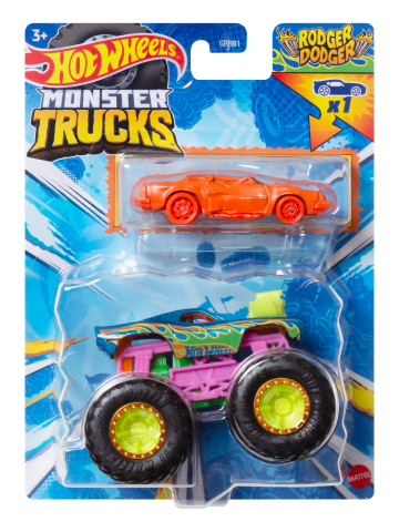 Hot Wheels Monster Trucks Vehículo de Juguete Camión Neón Rodger Dodger + Speed Bump