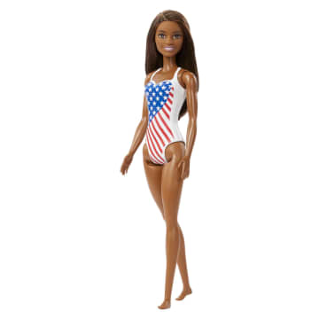 Barbie Flag Beach Barbie Brunette Doll (12 Inches) With Molded Stars & Stripes Swimsuit, 3 & Up