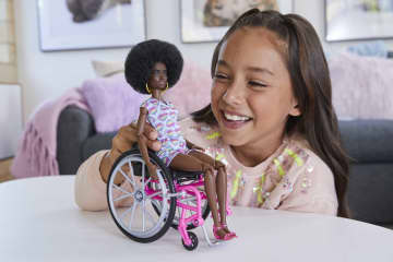 Barbie Fashionistas Doll #194 With Wheelchair & Ramp, Curly Brown Hair, Romper & Accessories