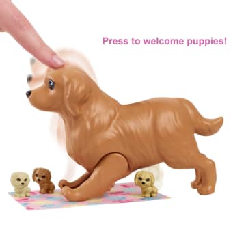 Barbie Doll Newborn Pups Playset With Blonde Doll, Mommy Dog And 3 Puppies, Kids Toys
