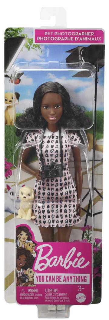 Barbie Photographer Doll (12 Inches), Petite Brunette, Dress & Shoes, Camera Accessory & 1 Puppy Figure, Ages 3 & Up