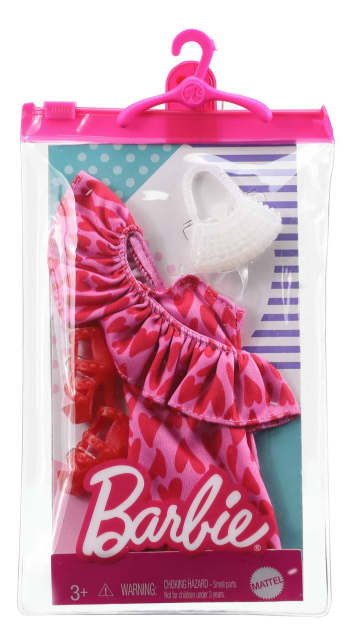 Barbie Fashion Pack Of Doll Clothes, One-Shoulder Heart Print Dress, Heels & Purse Accessory, 3 To 8 Years Old
