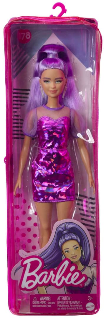 Barbie Fashionistas Doll #178, Petite, Long Purple Hair & Purple Metallic Dress, Sheer Bodice & Sleeves, Purple Sneakers, 3 To 8 Years Old