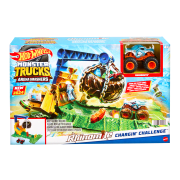 Hot Wheels Monster Trucks Rhinomite Chargin’ Challenge Playset With 1 Toy Truck & 2 Crushed Cars