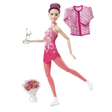 Barbie Winter Sports Ice Skater Brunette Doll With Pink Dress, Jacket, Rose Bouquet & Trophy, 3 & Up