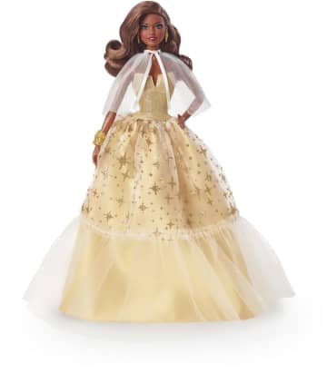 2023 Holiday Barbie Doll, Seasonal Collector Gift, Golden Gown And Dark Brown Hair - Imagem 5 de 6