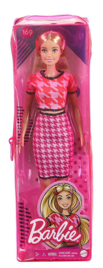 Barbie Fashionistas Doll #169 With Long Blonde Hair & Houndstooth Crop Top & Skirt, Platform Shoes & 2 Barrettes, Toy For Kids 3 To 8 Years Old