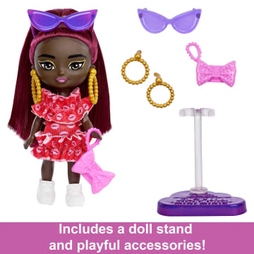 Barbie Extra Mini Minis Doll With Burgundy Hair, Accessories And Doll Stand, 3.25-Inch Collectible