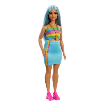 Barbie Fashionistas Doll #218 With Blue Hair, Rainbow Top & Teal Skirt, 65th Anniversary