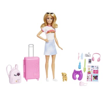 Barbie Doll And Accessories, 'Malibu' Travel Set With Puppy And 10+ Pieces Including Working Suitcase