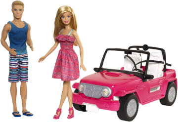 Barbie Beach Cruiser Set With Barbie And Ken Dolls, Pink 2-Seater Toy Car