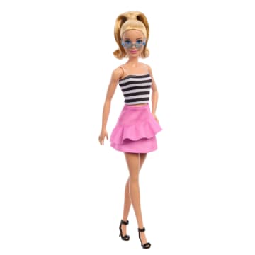 Barbie Fashionista Boneca Blusa Listrada Preta e Branca com Saia Rosa