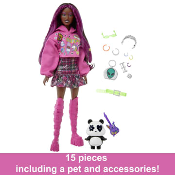 Barbie Extra Doll With Pet Panda, Pink-Streaked Brown Hair, Hoodie, Plaid Skirt And Accessories
