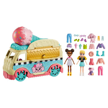 Polly Pocket Tiny Treats Ice Cream Playset, Vehicle Toy With 2 (3-Inch) Dolls And 18+ Accessories