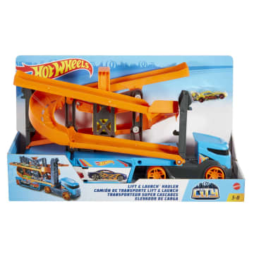 Hot Wheels City Lift & Launch Hauler With 1:64 Scale Toy Car, Stores 20+ Vehicles