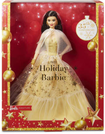 2023 Holiday Barbie Doll, Seasonal Collector Gift, Golden Gown And Black Hair