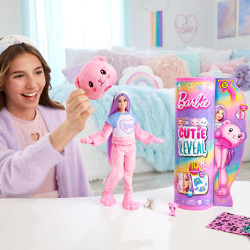 Barbie Cutie Reveal Doll & Accessories, Cozy Cute Tees Teddy Bear in “Love” T-Shirt, Purple-Streaked Pink Hair & Brown Eyes