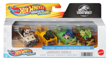 Hot Wheels Racerverse, Set Of 4 Die-Cast Hot Wheels Cars With Jurassic World Characters As Drivers