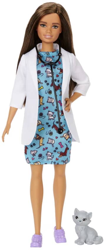 Barbie Career Pet Vet Brunette Doll With Medical Coat, Dress And Kitty Patient