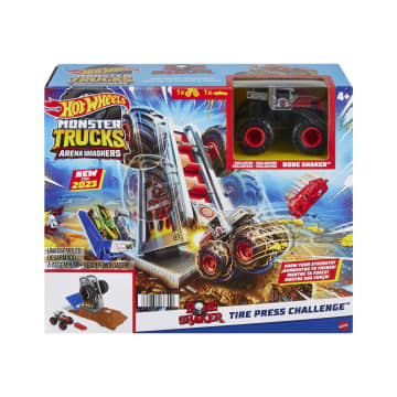 Hot Wheels Monster Trucks Arena Smashers Bone Shaker Tire Press Challenge Playset