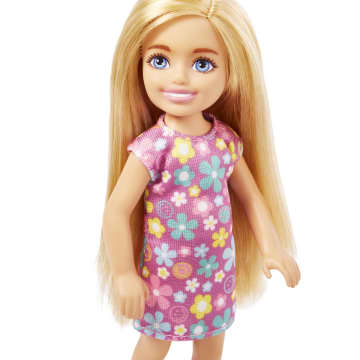 Barbie Chelsea Doll, Small Doll Wearing Purple Flowered Dress With Blond Hair & Blue Eyes