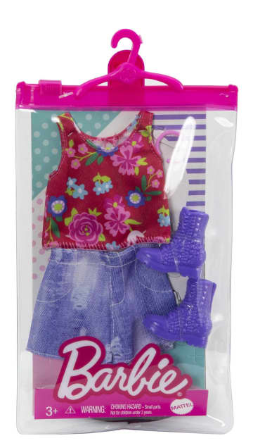 Barbie Fashions, Doll Clothing With Floral Top, Denim Shorts And Accessories