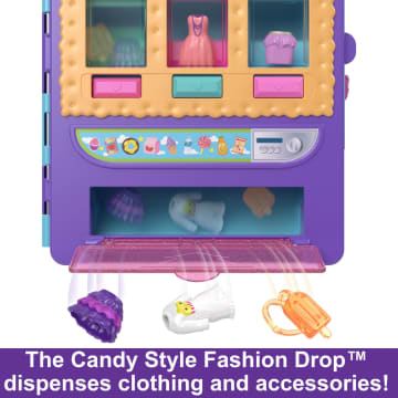 Polly Pocket Candy Style Fashion Drop Playset With 2 Dolls (3-inch), Vending Machine, 35+ Accessories