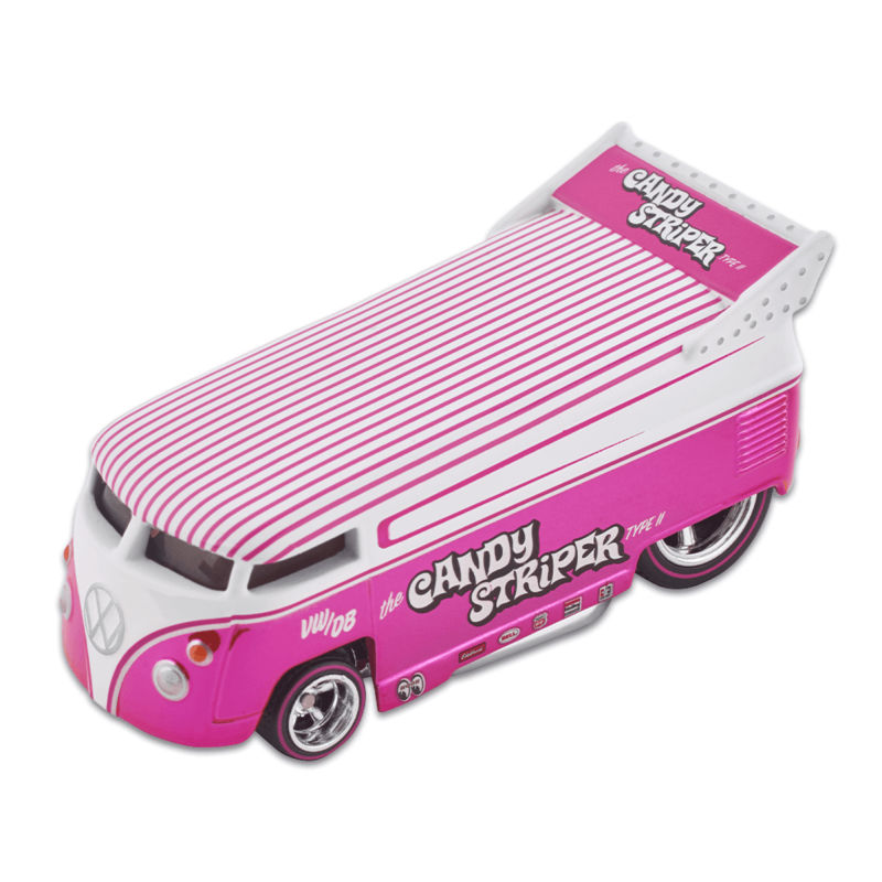 2021 Hot Wheels Volkswagen Drag Bus Candy Striper GLH95, pink and white, front three-quarter view