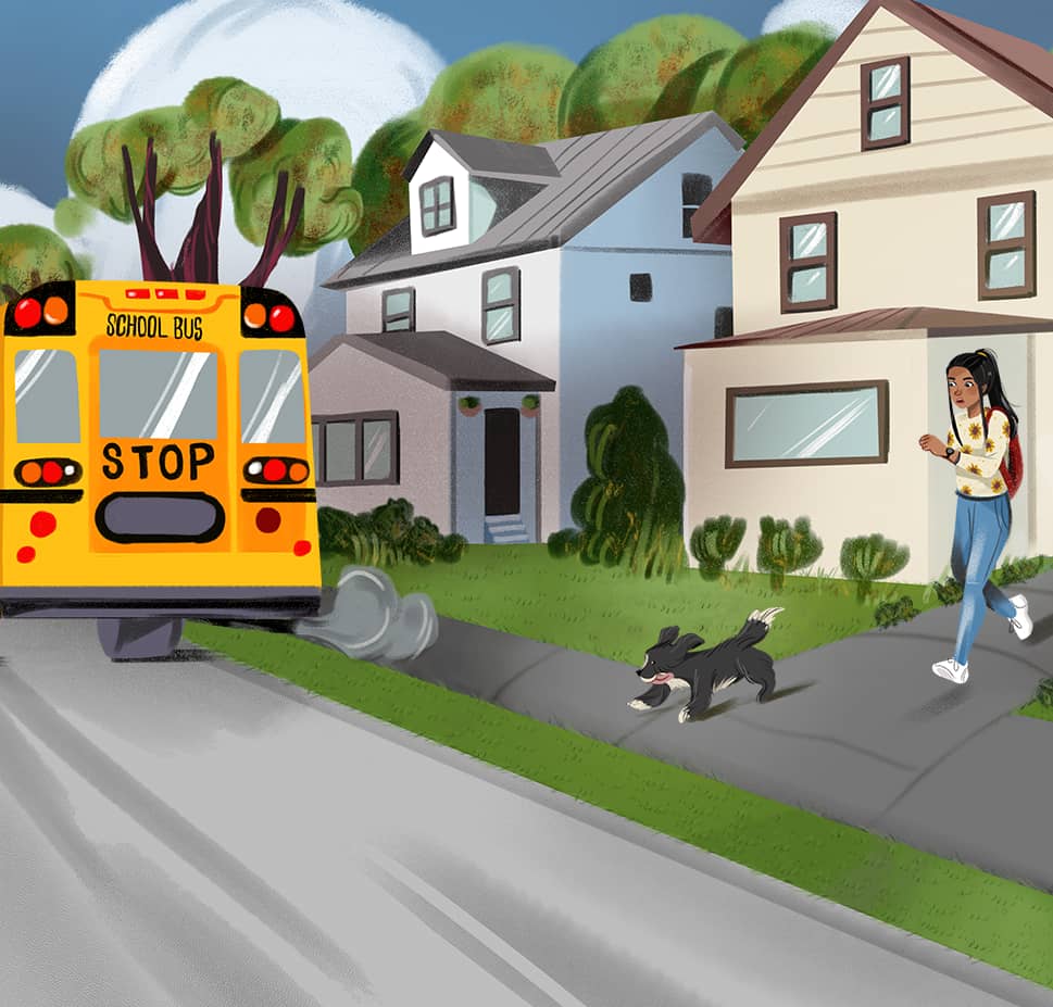 Kavi walking to the school bus