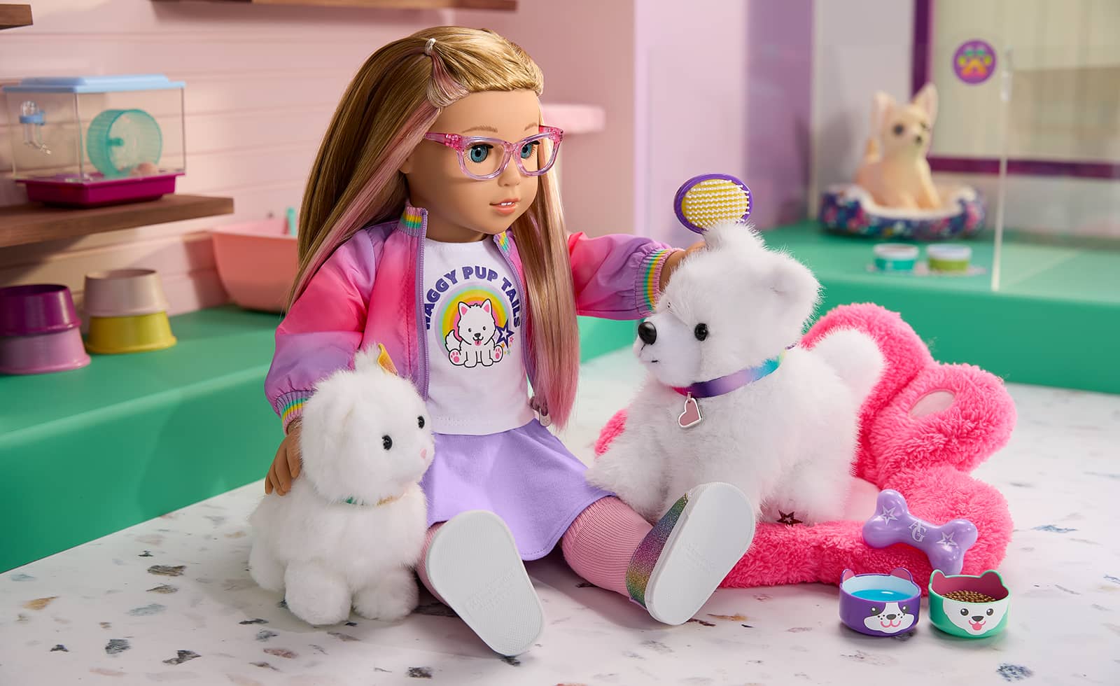 Doll playing with plush pet toys