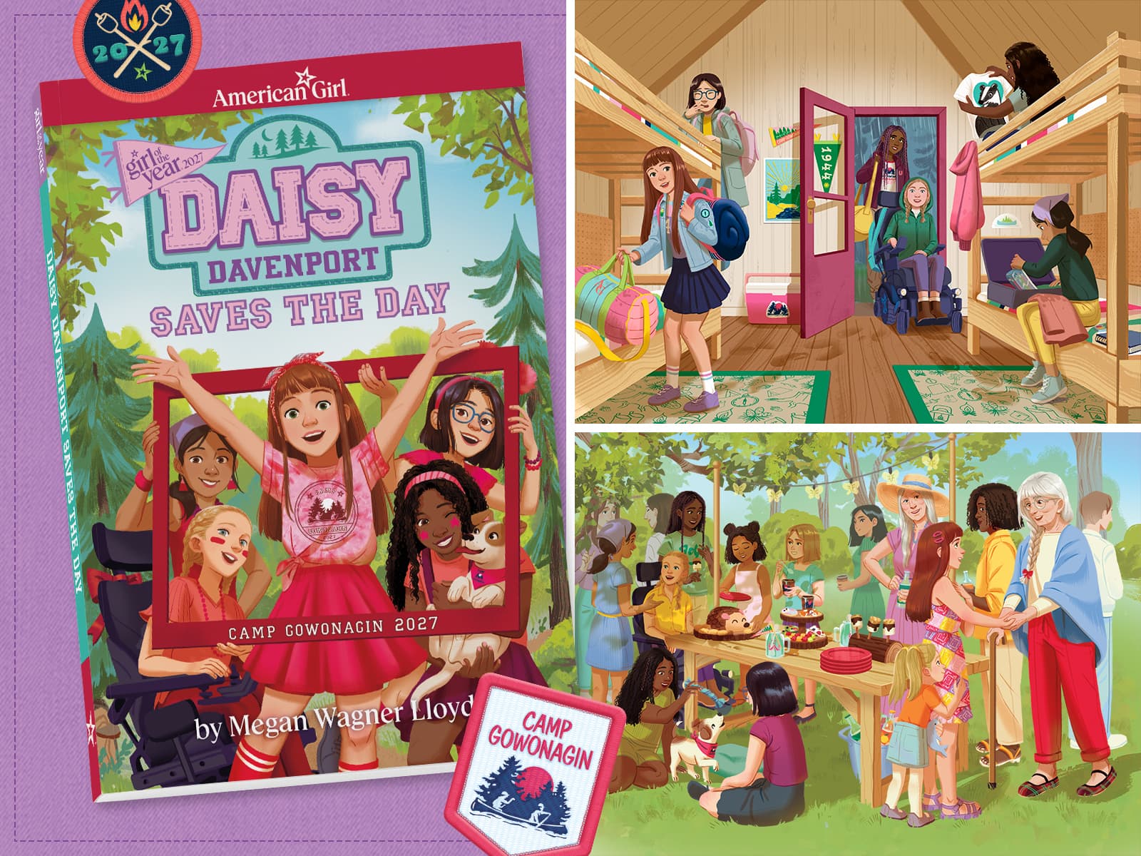 Book cover of Daisy Davenport Saves the Day with illustrations of Daisy at camp with friends