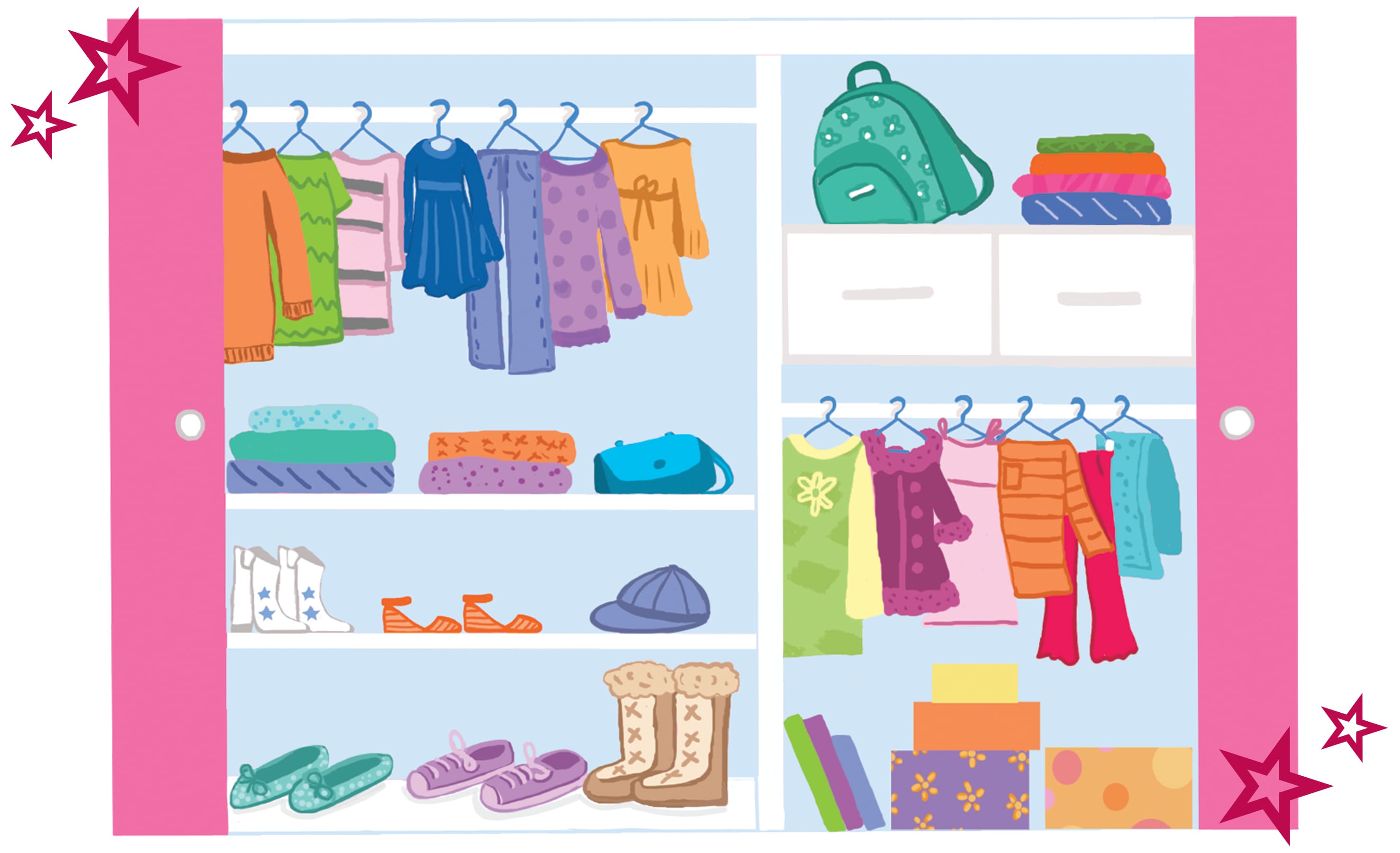 Illustrated closet with clothes and shoes