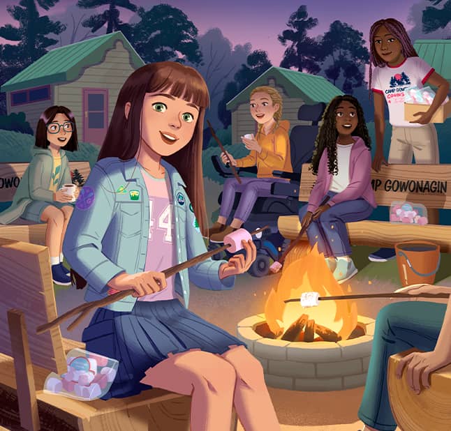 Daisy making s'mores by the campfire